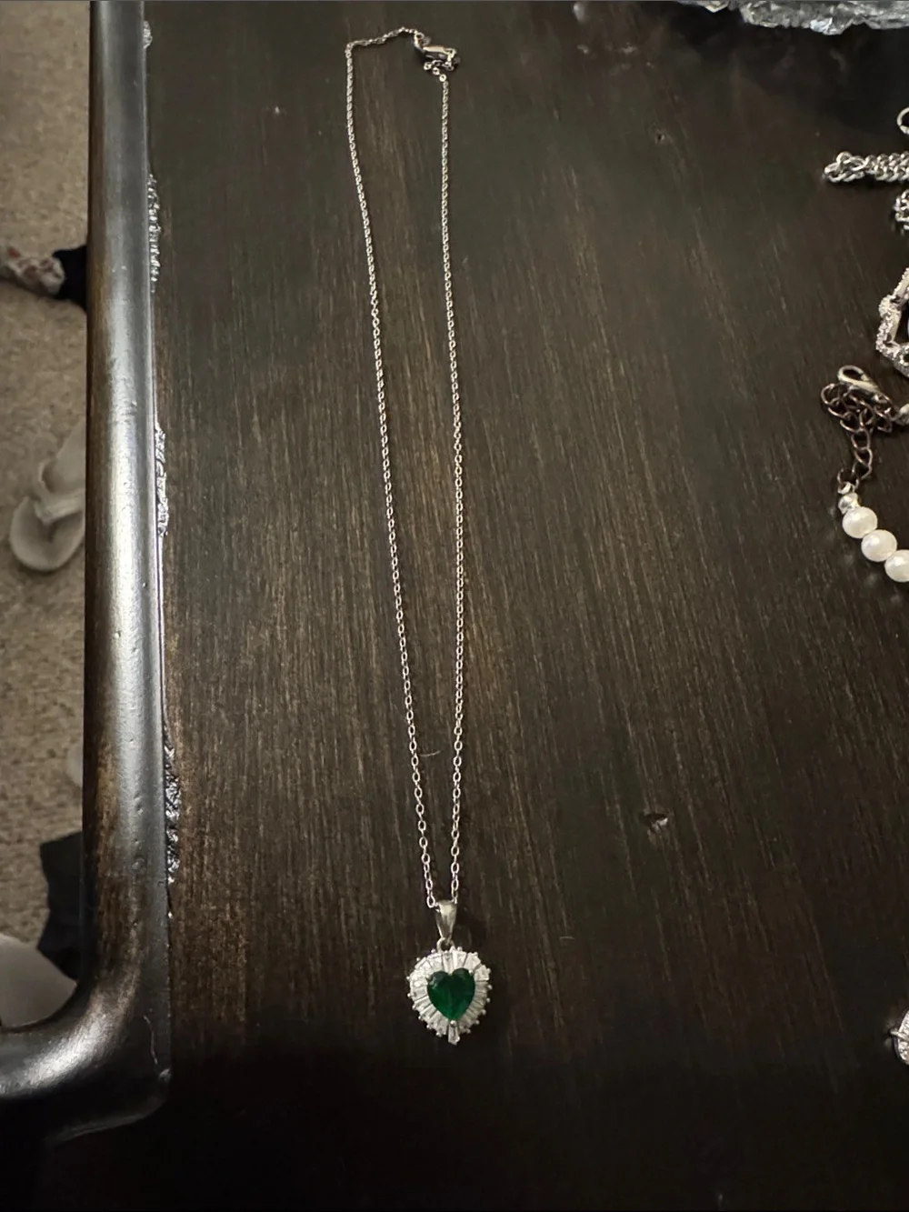 Silver Heart Pendant Necklace with Green Gem